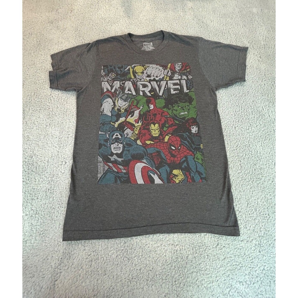 Marvel Comics T Shirt Mens  Medium  Charcoal Grey  Print of Super Heroes